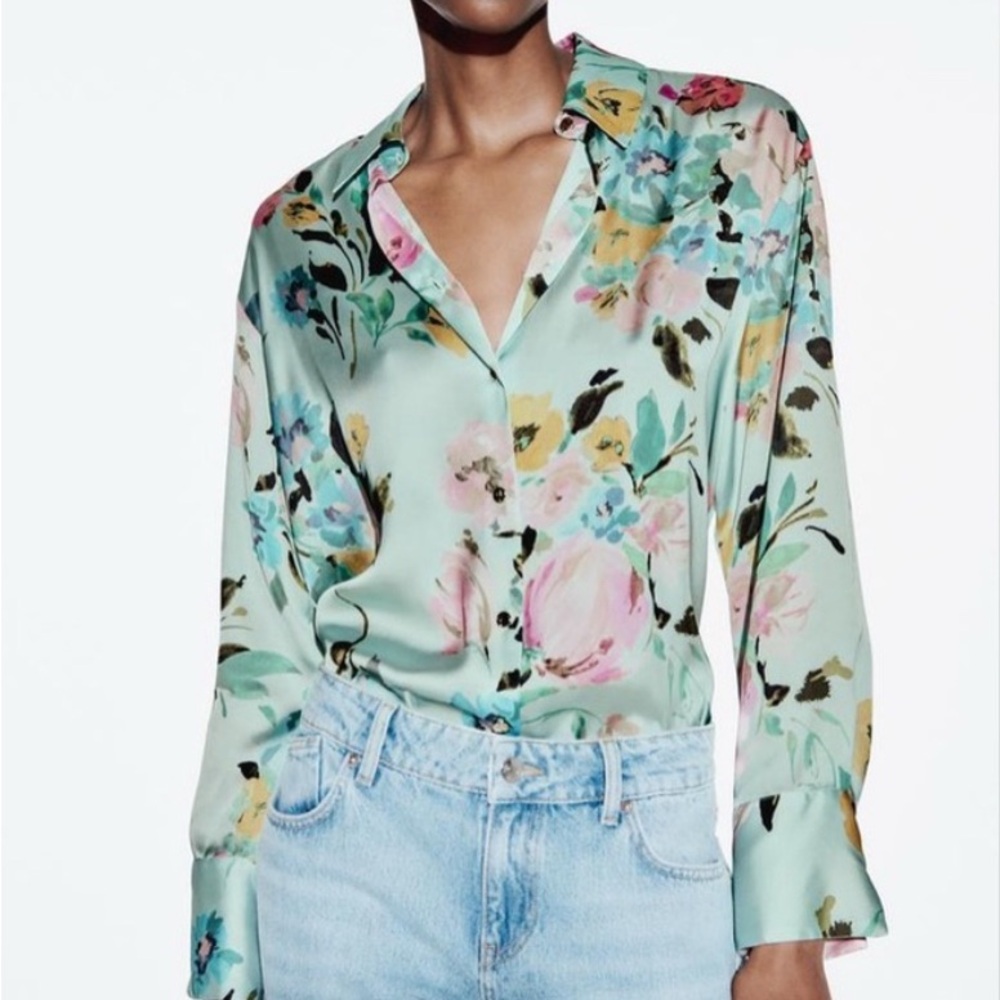 Zara Satin Floral Button up Print Blouse